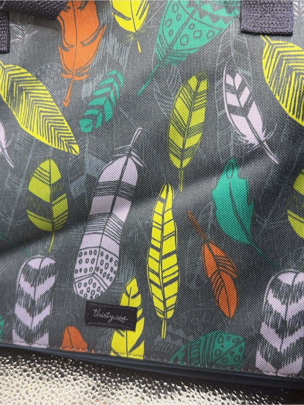 thirty-one Feather Print Tote in Grey with Yellow, Teal, Orange, Lilac Accents